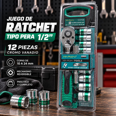 Juego de Ratchet Tipo Pera 1/2” con Copas 10–24 mm – 12 Piezas