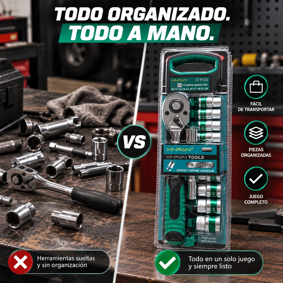 Juego de Ratchet Tipo Pera 1/2” con Copas 10–24 mm – 12 Piezas