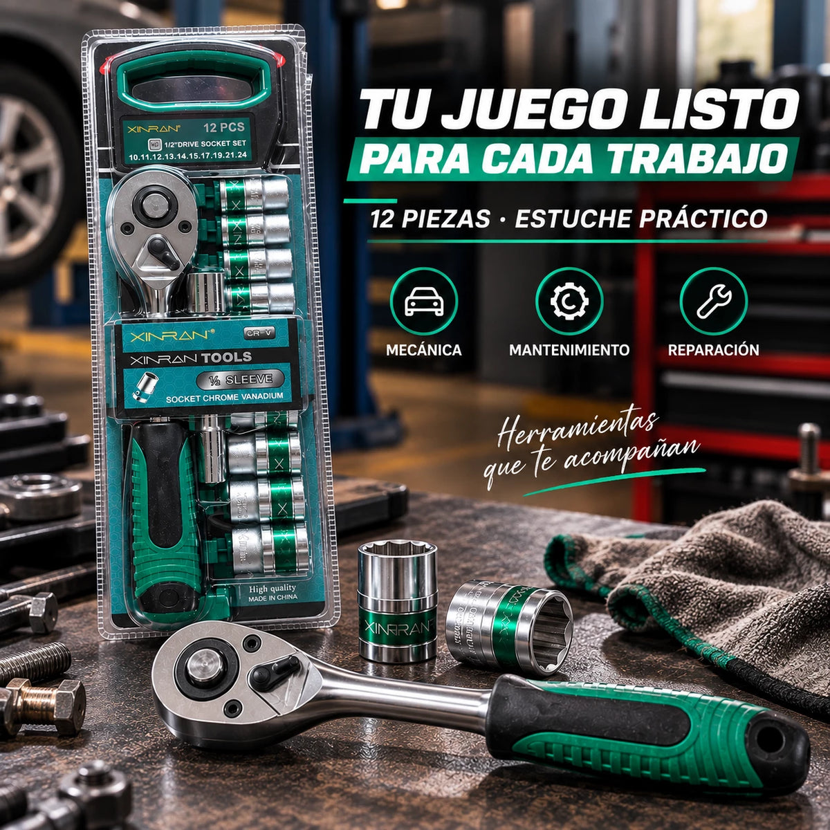 Juego de Ratchet Tipo Pera 1/2” con Copas 10–24 mm – 12 Piezas