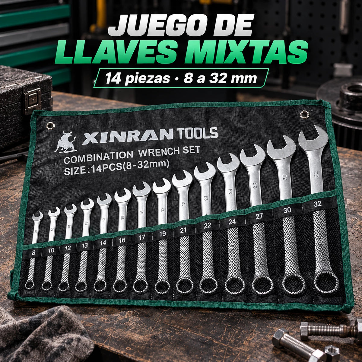 Juego de Llaves Mixtas 8–32 mm en Acero Cromo Vanadio – 14 Piezas
