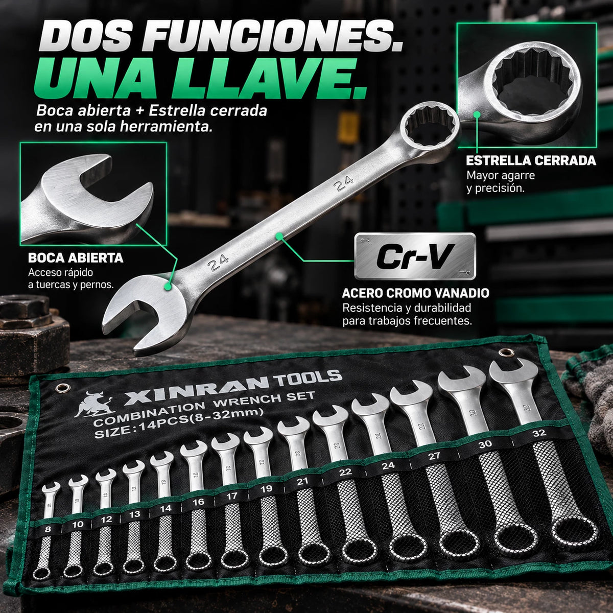 Juego de Llaves Mixtas 8–32 mm en Acero Cromo Vanadio – 14 Piezas