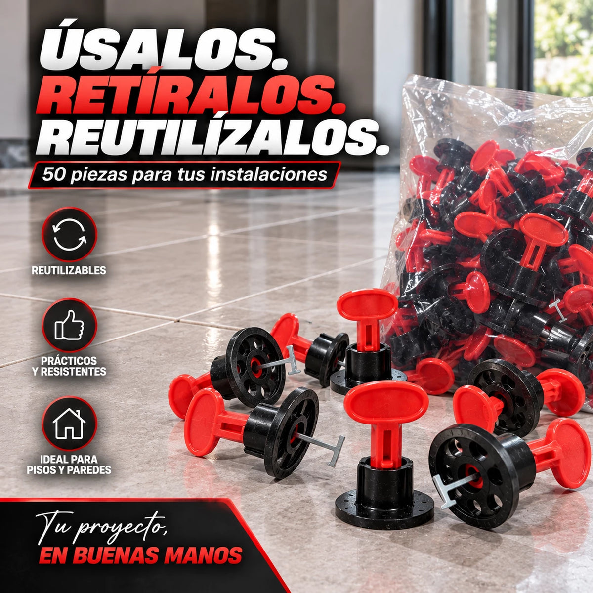 Niveladores Reutilizables para Cerámica y Porcelanato – 50 Piezas