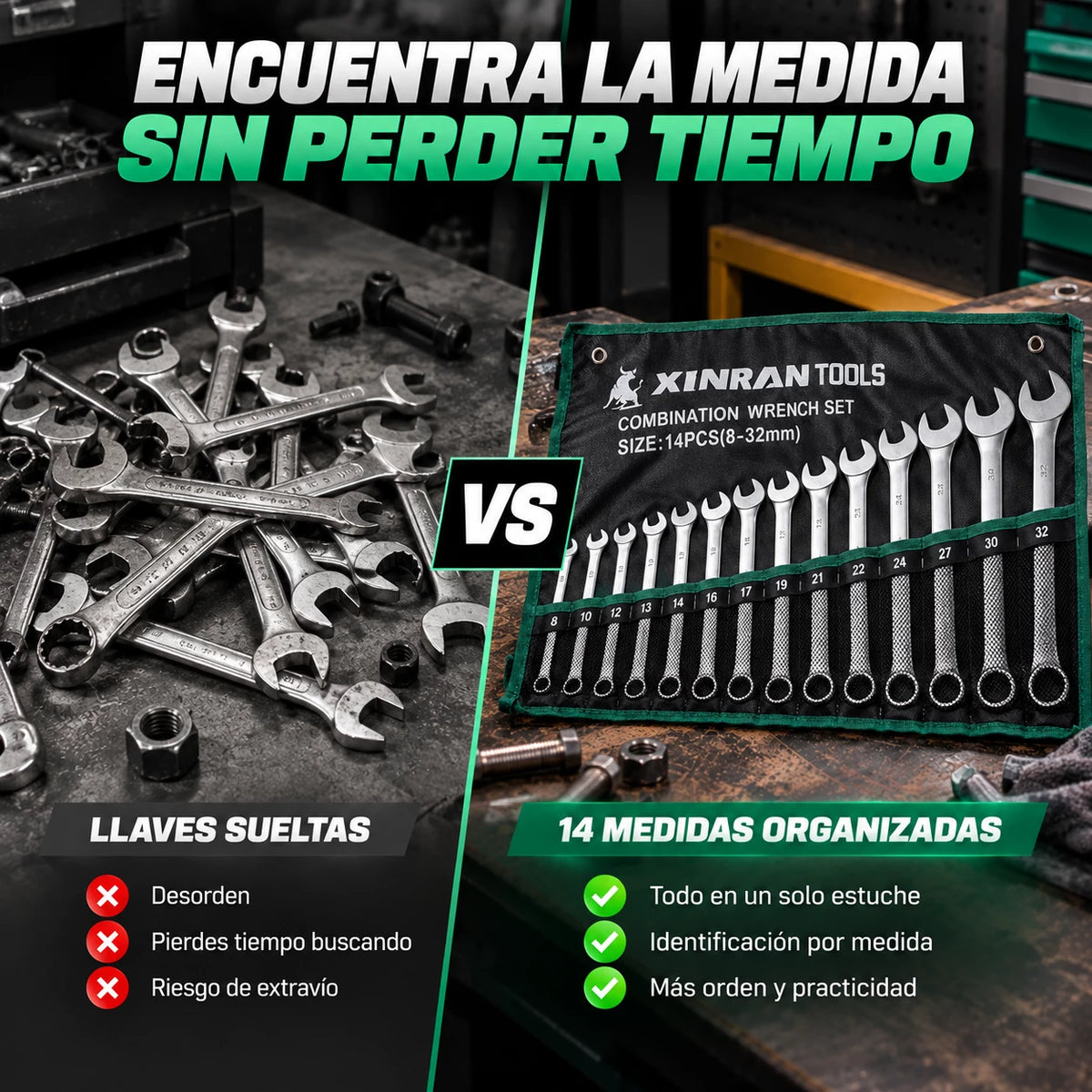 Juego de Llaves Mixtas 8–32 mm en Acero Cromo Vanadio – 14 Piezas