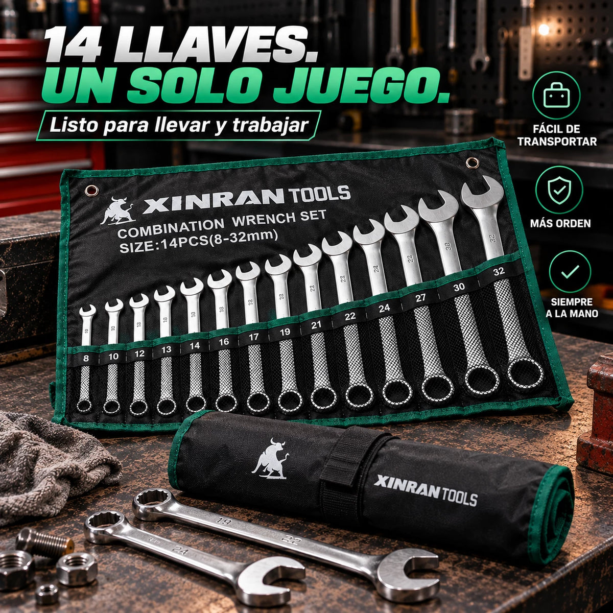 Juego de Llaves Mixtas 8–32 mm en Acero Cromo Vanadio – 14 Piezas