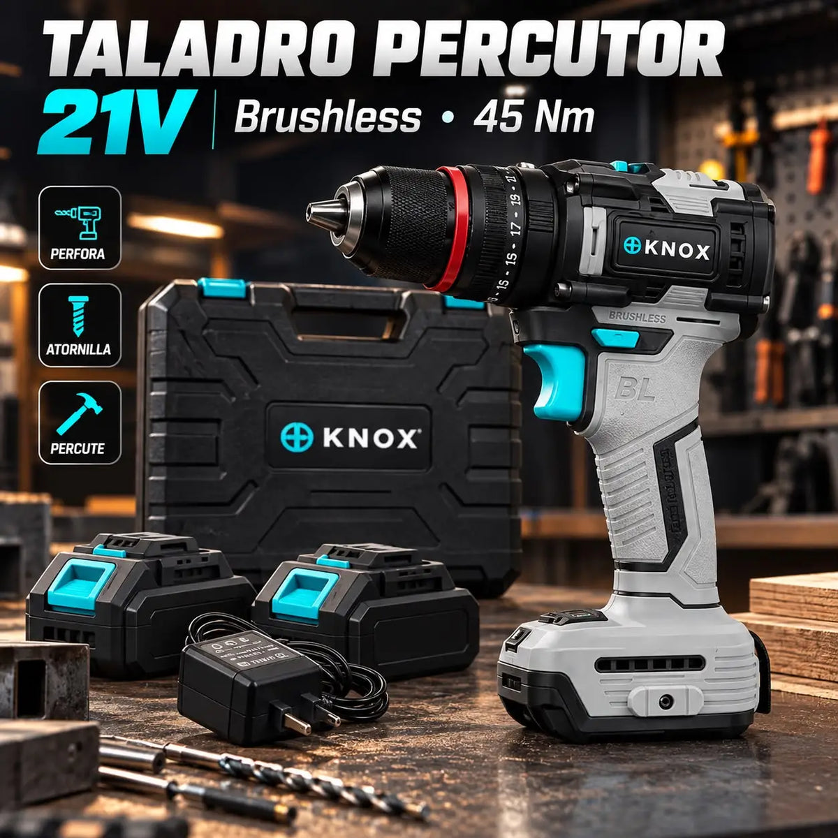 Taladro Percutor Inalámbrico KNOX 21V Brushless 45 Nm con 2 Baterías