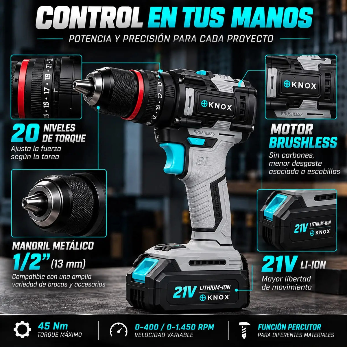 Taladro Percutor Inalámbrico KNOX 21V Brushless 45 Nm con 2 Baterías