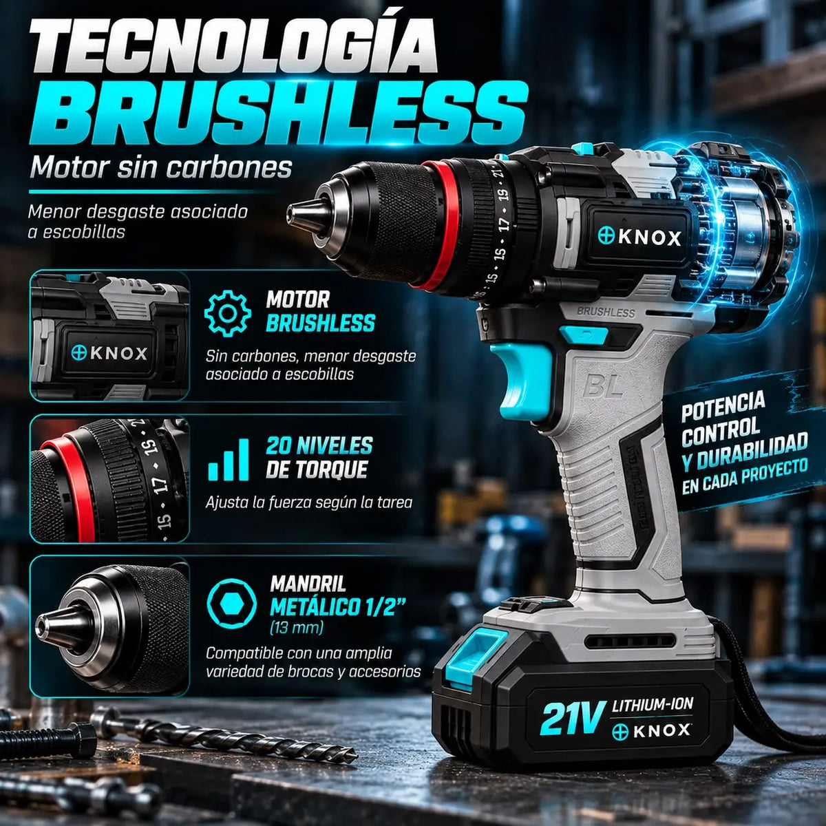 Taladro Percutor Inalámbrico KNOX 21V Brushless 45 Nm con 2 Baterías
