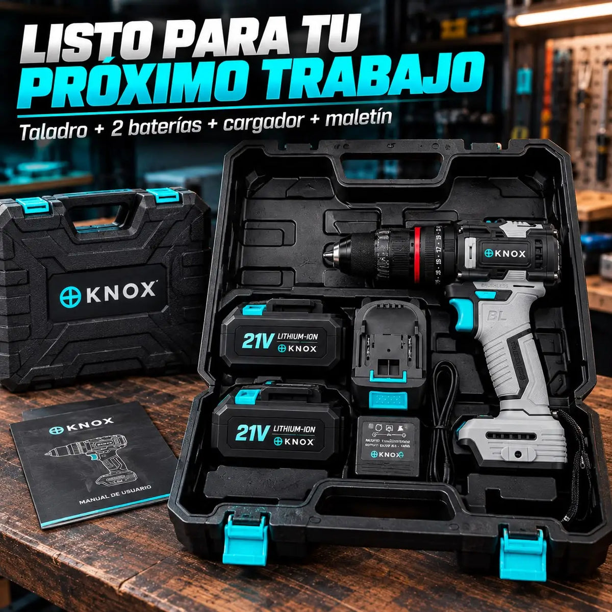 Taladro Percutor Inalámbrico KNOX 21V Brushless 45 Nm con 2 Baterías