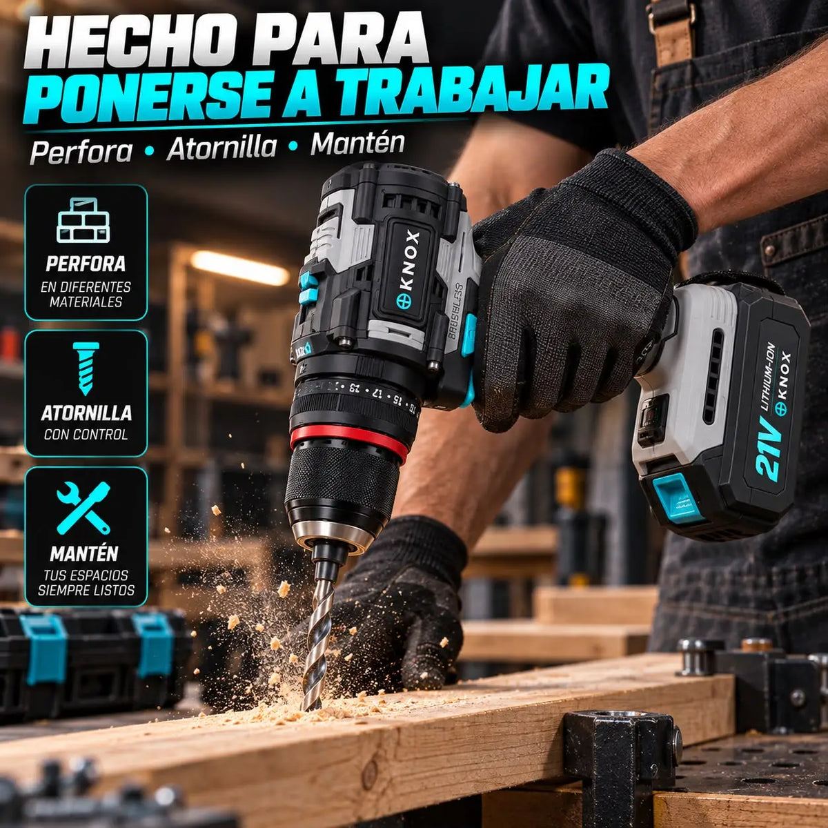 Taladro Percutor Inalámbrico KNOX 21V Brushless 45 Nm con 2 Baterías