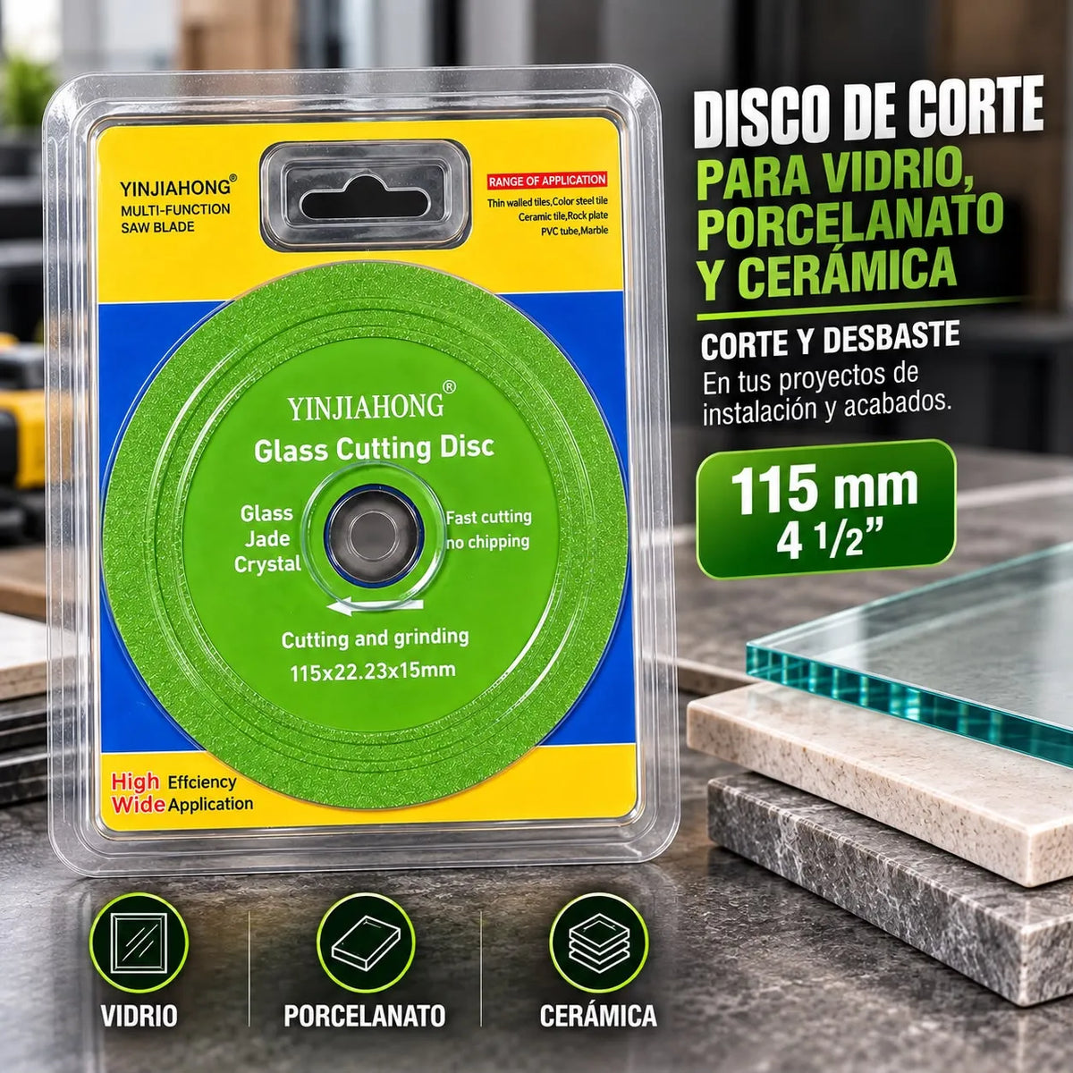 Disco de Corte y Desbaste 115 mm para Vidrio, Porcelanato y Cerámica