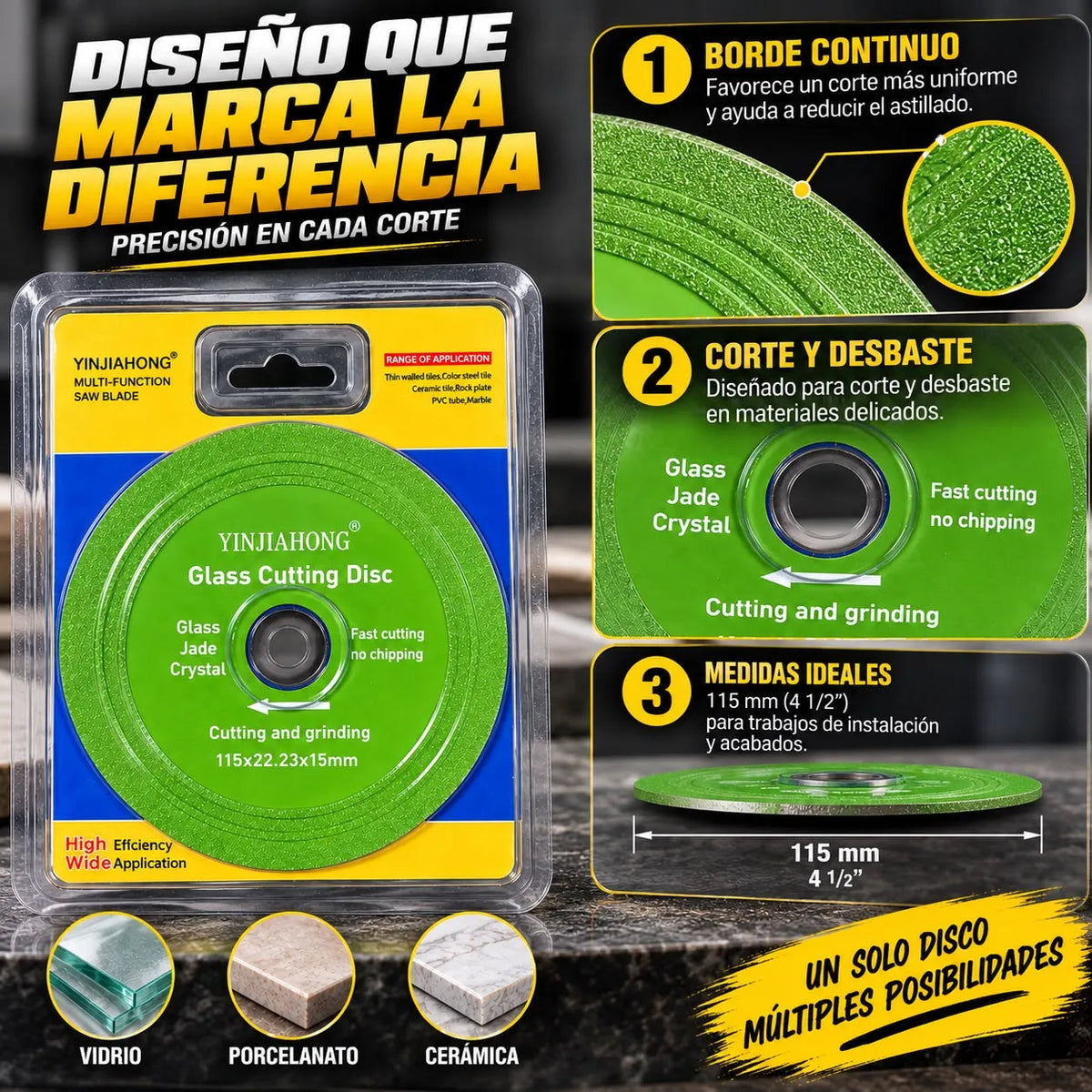 Disco de Corte y Desbaste 115 mm para Vidrio, Porcelanato y Cerámica