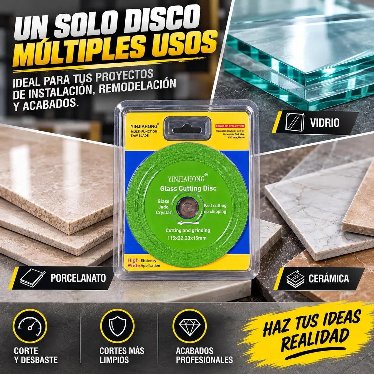 Disco de Corte y Desbaste 115 mm para Vidrio, Porcelanato y Cerámica