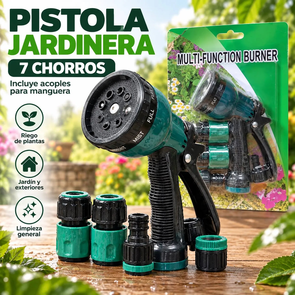 Pistola Jardinera de 7 Chorros con 4 Acoples para Manguera 1/2"