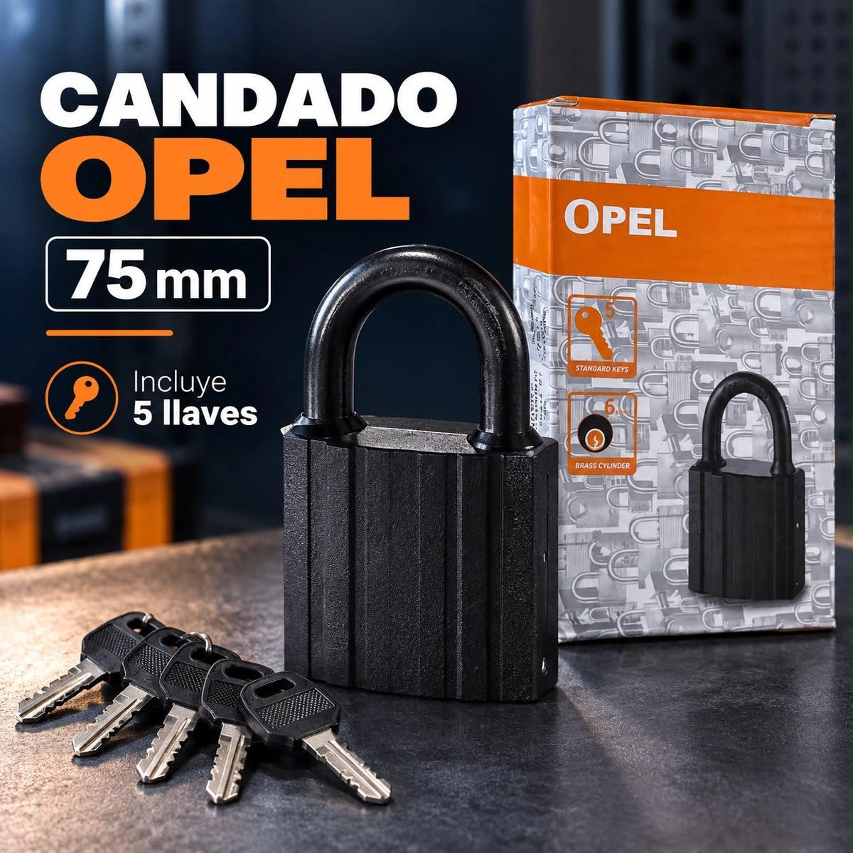 Candado Opel Negro 75 mm con 5 Llaves