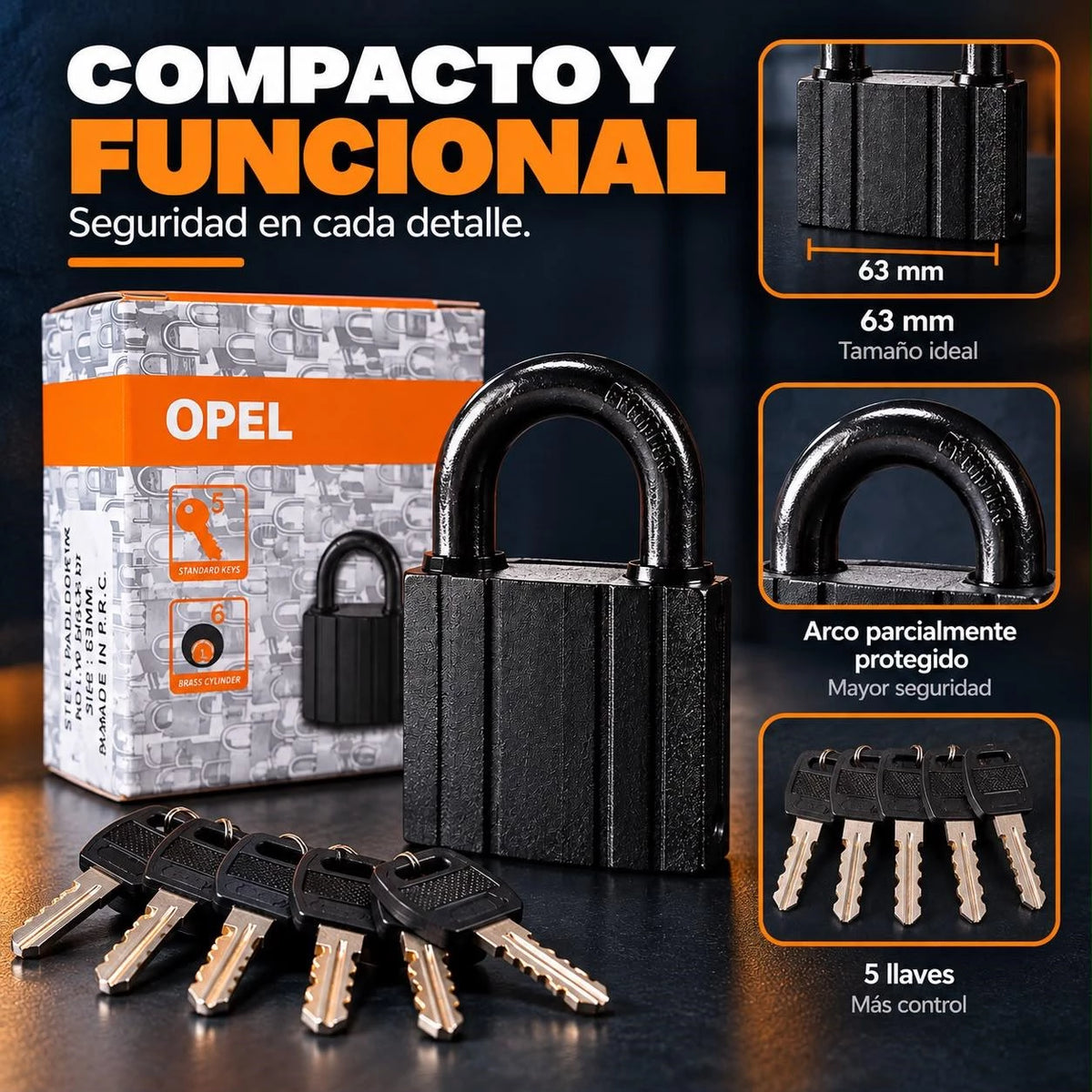 Candado Opel Negro 63 mm con 5 Llaves