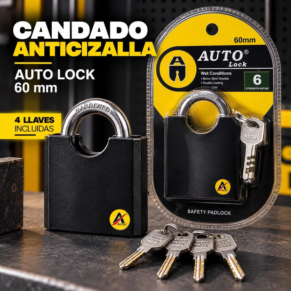 Candado Anticizalla Auto Lock 60 mm con 4 Llaves