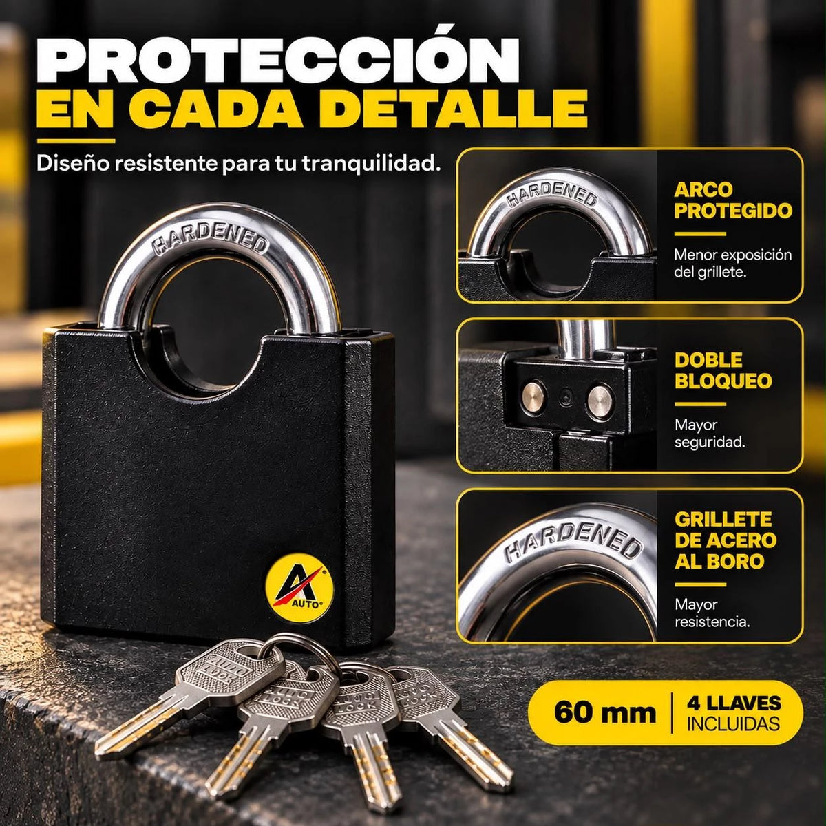 Candado Anticizalla Auto Lock 60 mm con 4 Llaves