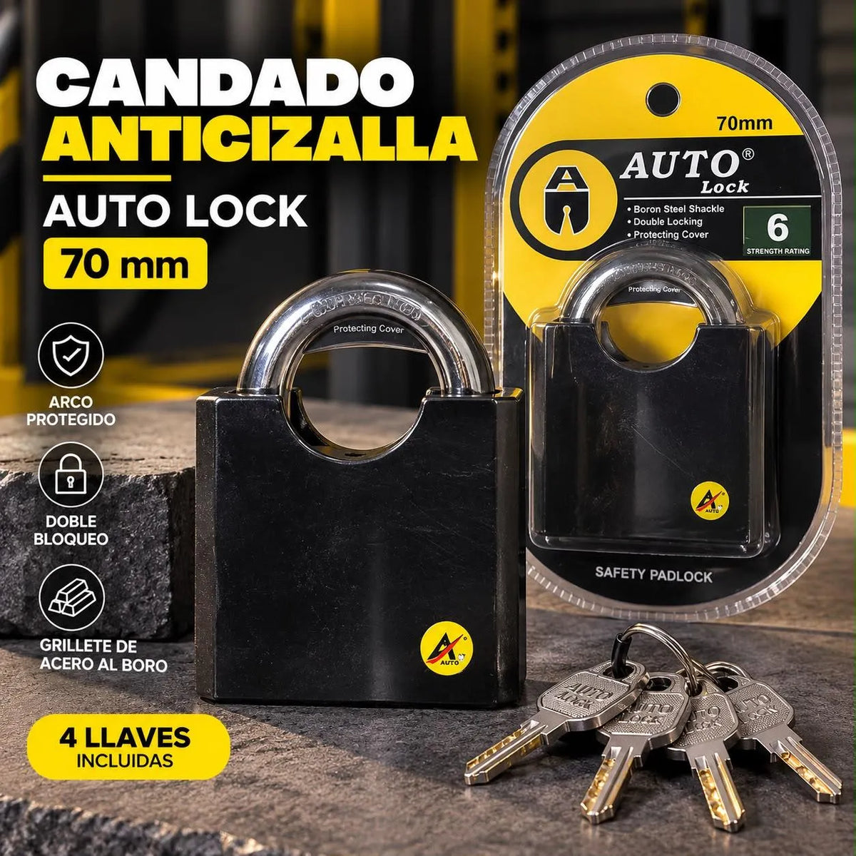 Candado Anticizalla Auto Lock 70 mm con 4 Llaves