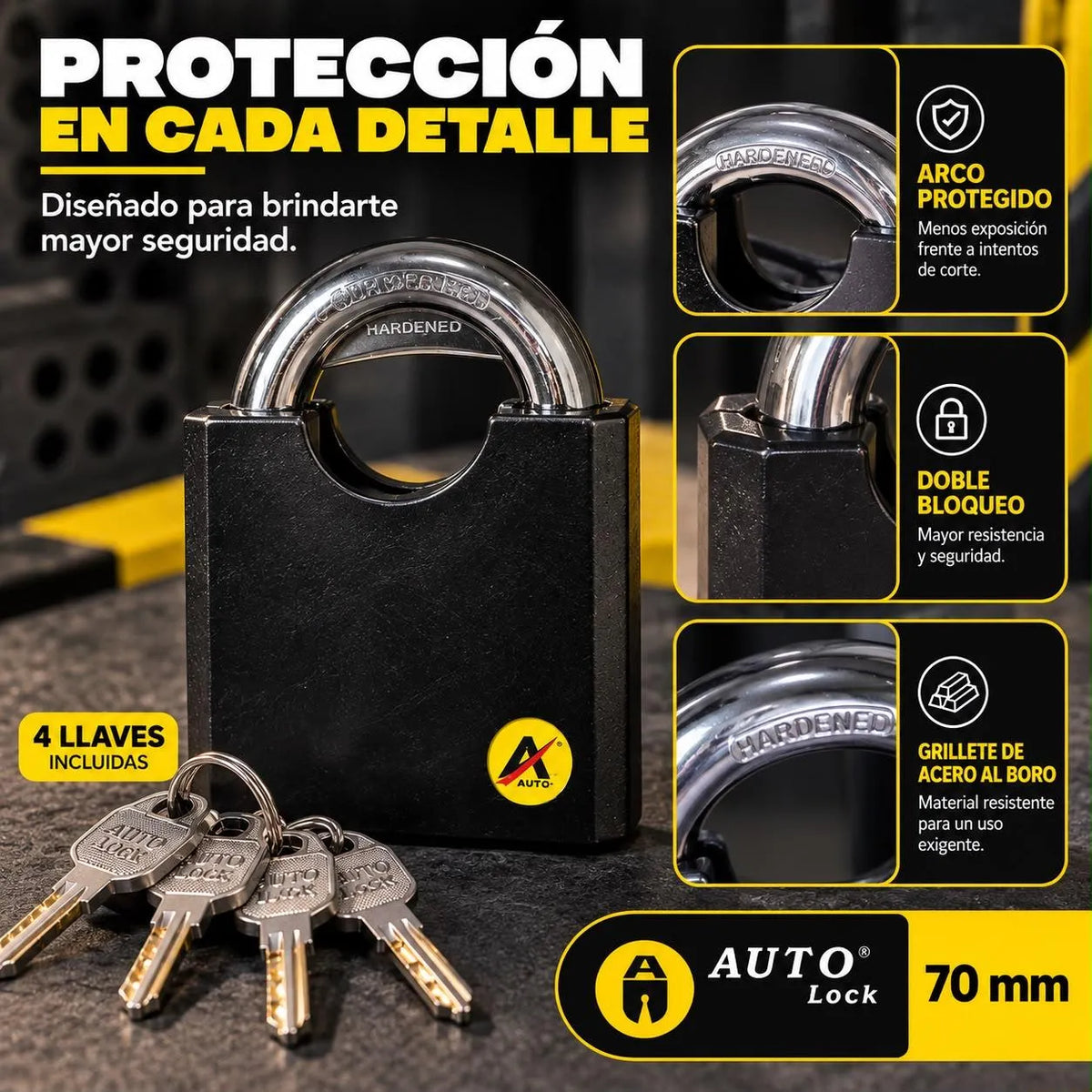 Candado Anticizalla Auto Lock 70 mm con 4 Llaves