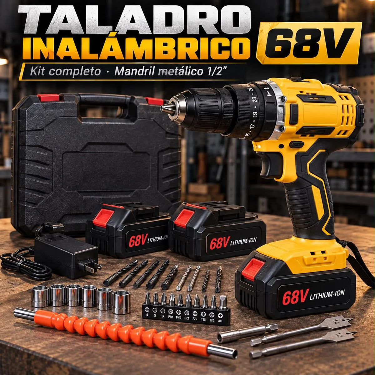 Taladro Inalámbrico 68V con Mandril Metálico de 1/2” y Kit de Accesorios