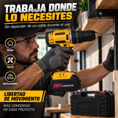 Taladro Inalámbrico 68V con Mandril Metálico de 1/2” y Kit de Accesorios
