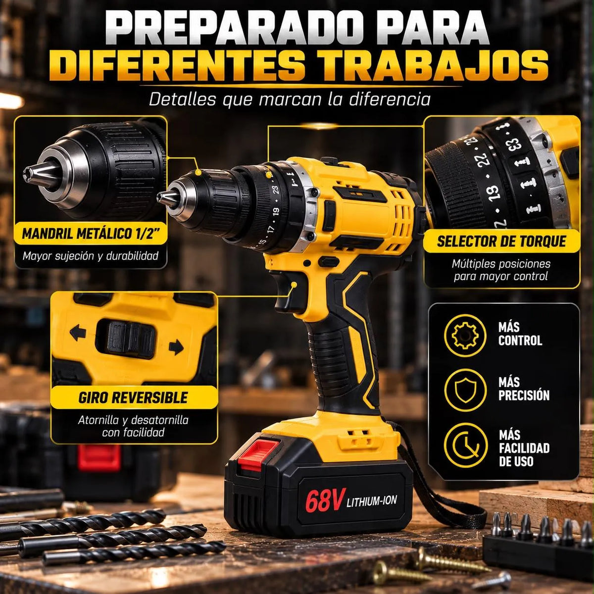 Taladro Inalámbrico 68V con Mandril Metálico de 1/2” y Kit de Accesorios