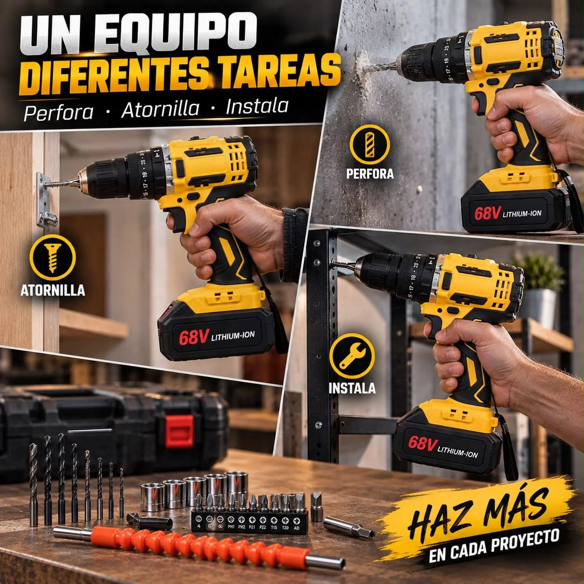 Taladro Inalámbrico 68V con Mandril Metálico de 1/2” y Kit de Accesorios