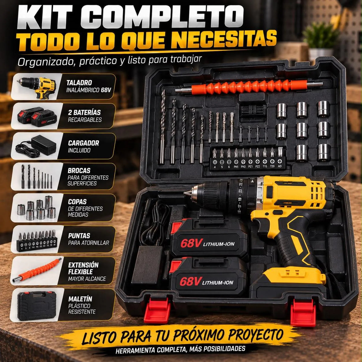 Taladro Inalámbrico 68V con Mandril Metálico de 1/2” y Kit de Accesorios
