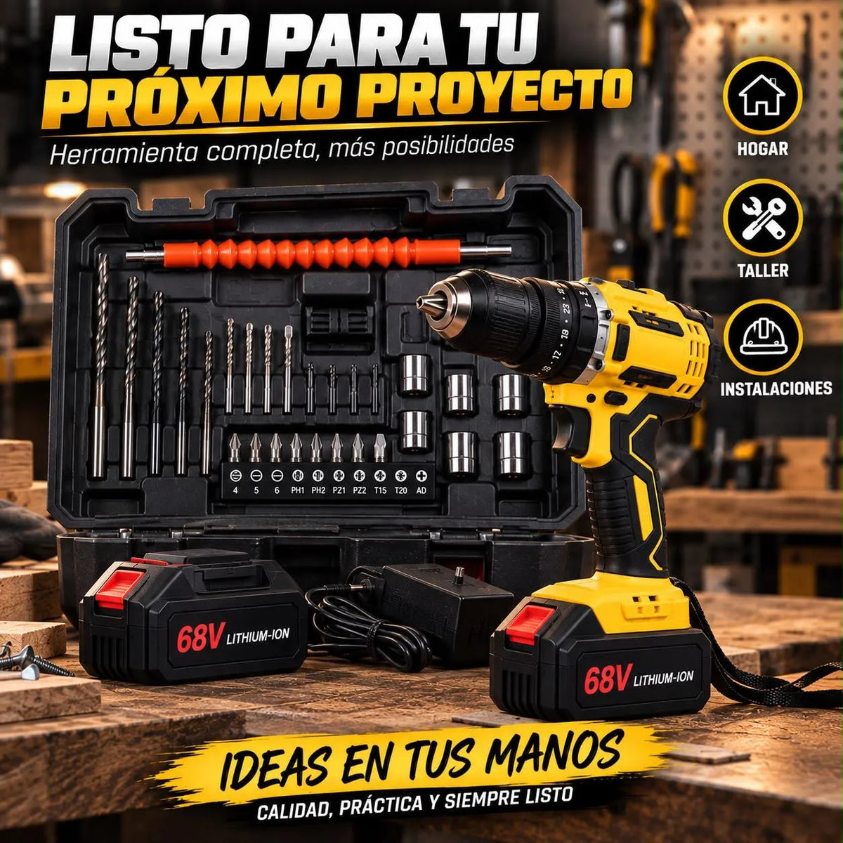 Taladro Inalámbrico 68V con Mandril Metálico de 1/2” y Kit de Accesorios