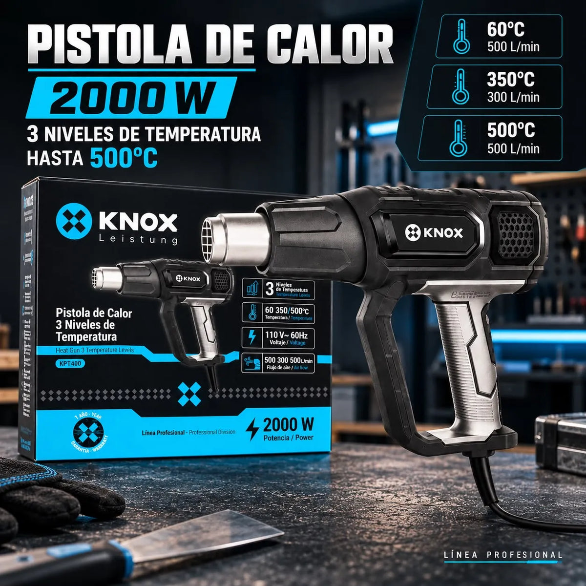 Pistola de Calor KNOX KPT400 2000W 110V 3 Temperaturas