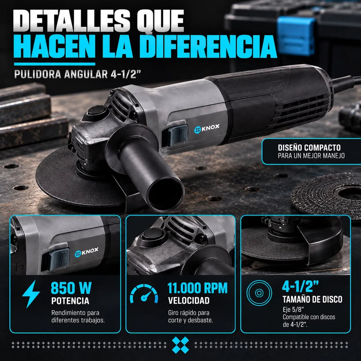 Pulidora Angular KNOX KPT202 4-1/2" 850W 11.000 RPM 110V