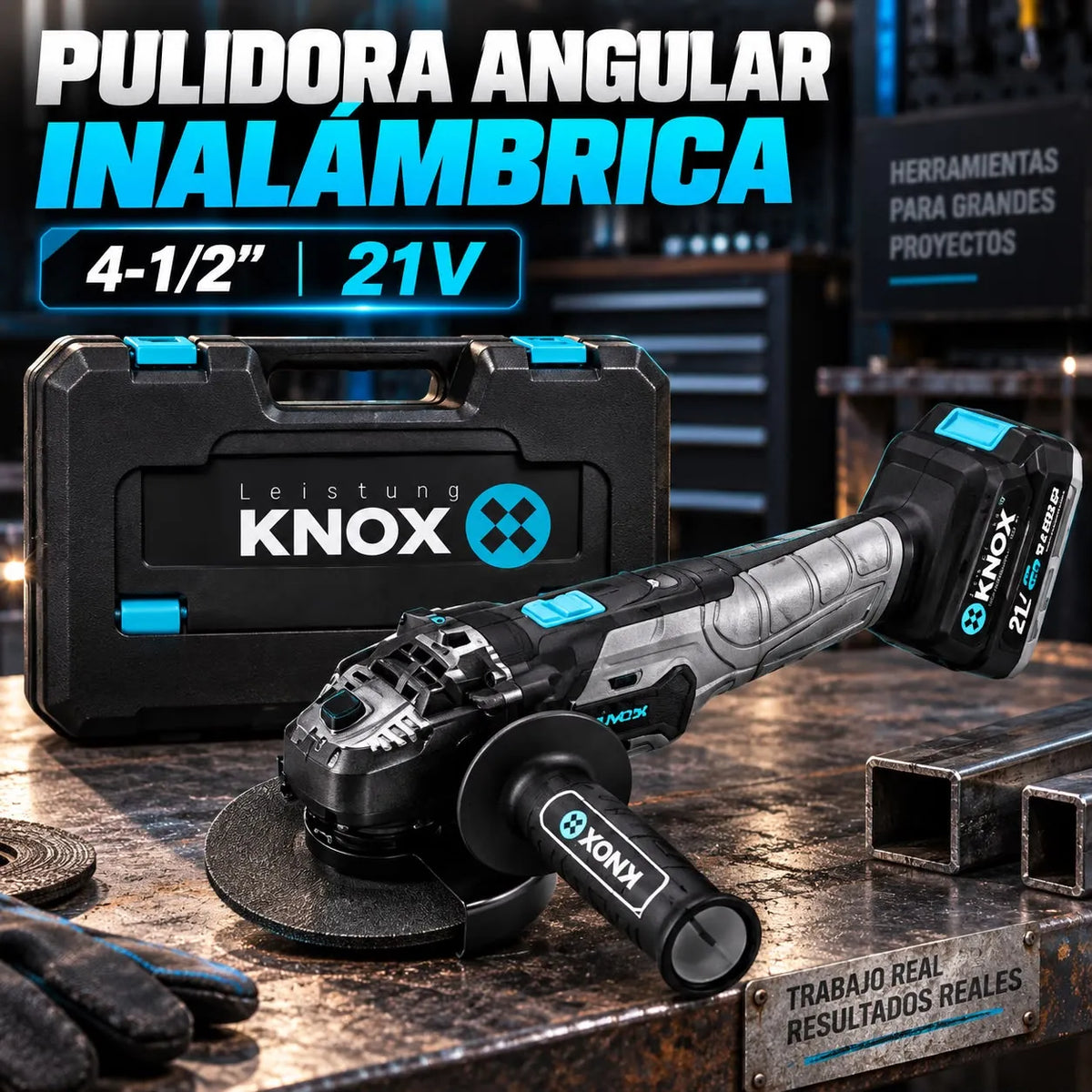 Pulidora Angular Inalámbrica KNOX 4-1/2" 21V con Batería y Maletín