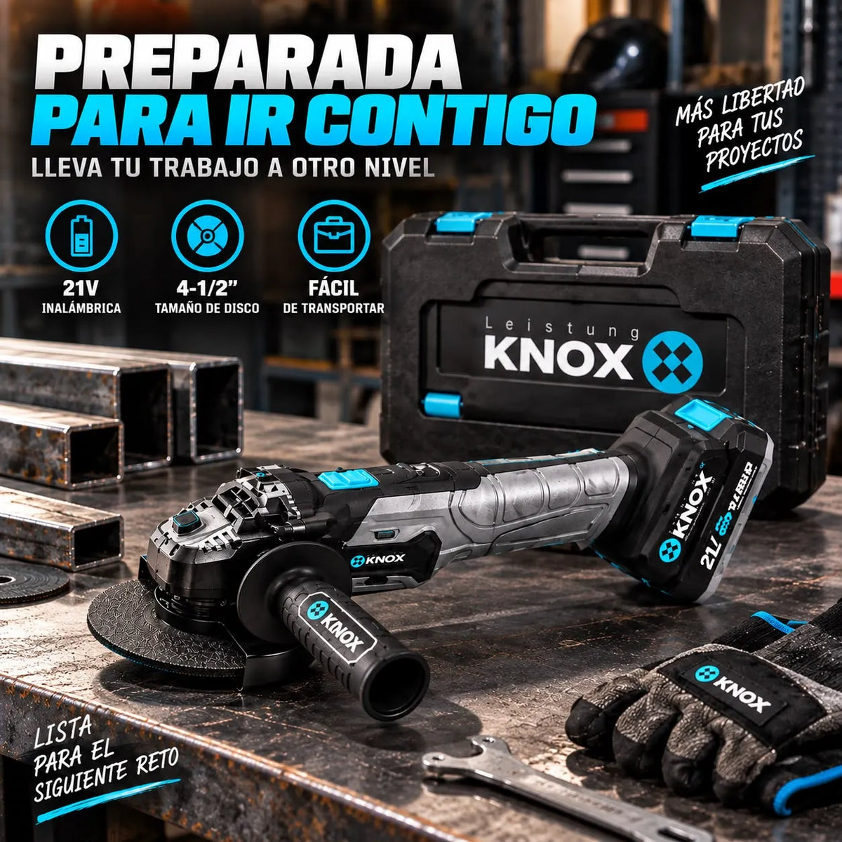 Pulidora Angular Inalámbrica KNOX 4-1/2" 21V con Batería y Maletín