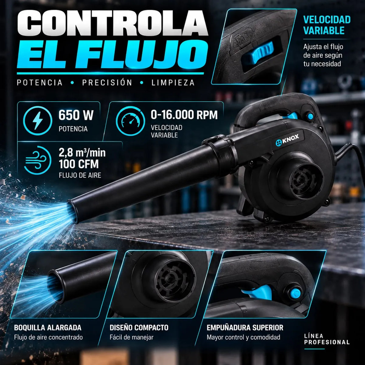 Sopladora Eléctrica KNOX 650W 110V Velocidad Variable 16.000 RPM