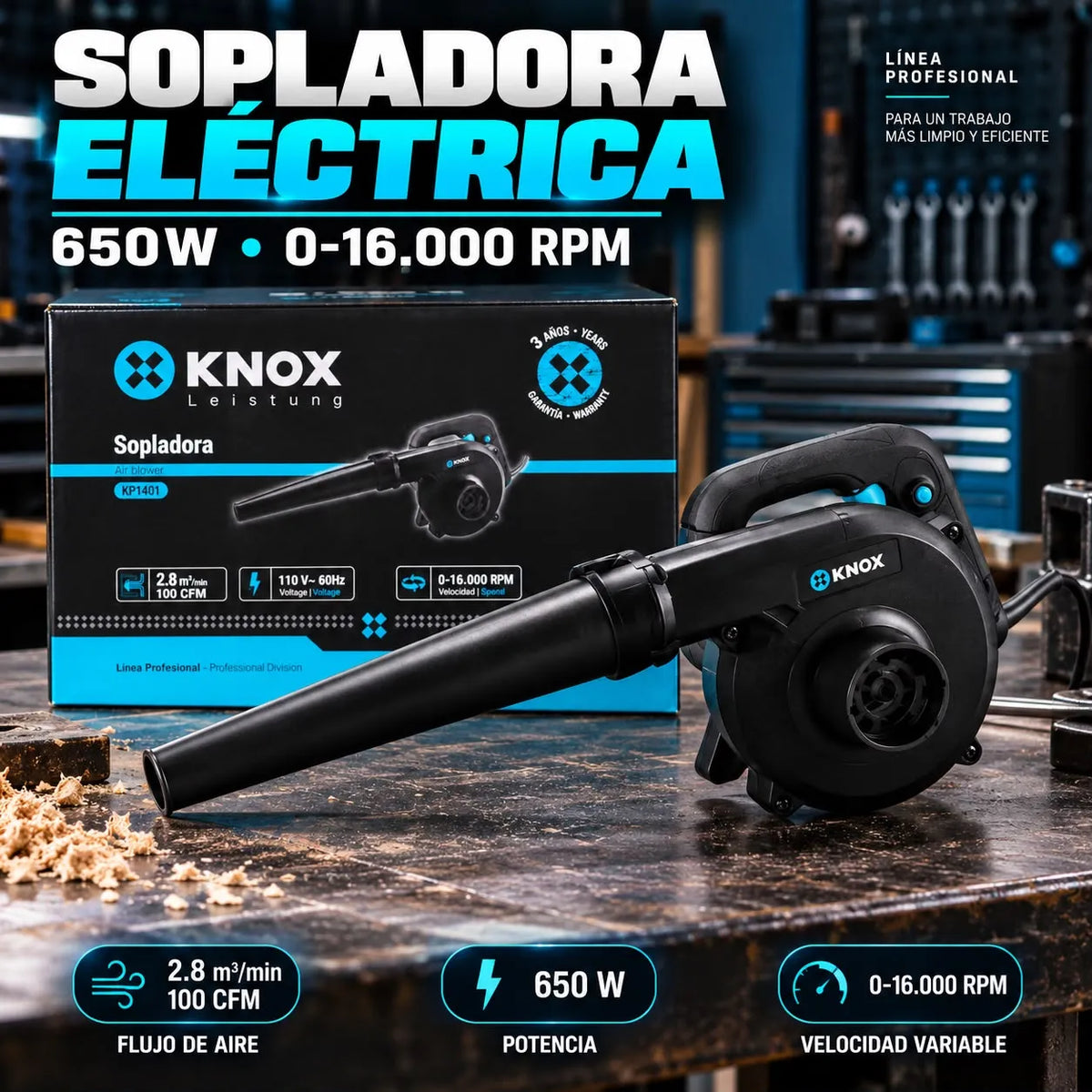 Sopladora Eléctrica KNOX 650W 110V Velocidad Variable 16.000 RPM