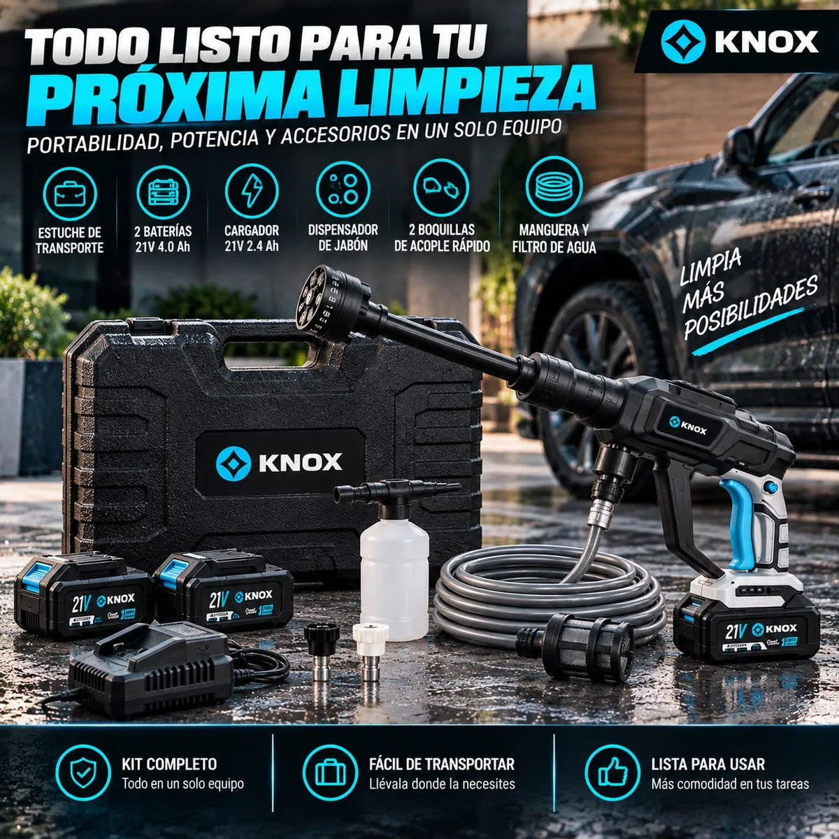 Hidrolavadora Inalámbrica KNOX 21V 500 PSI con 2 Baterías 4.0 Ah