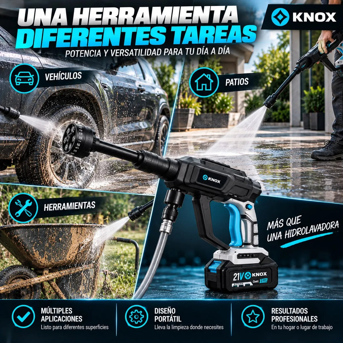 Hidrolavadora Inalámbrica KNOX 21V 500 PSI con 2 Baterías 4.0 Ah