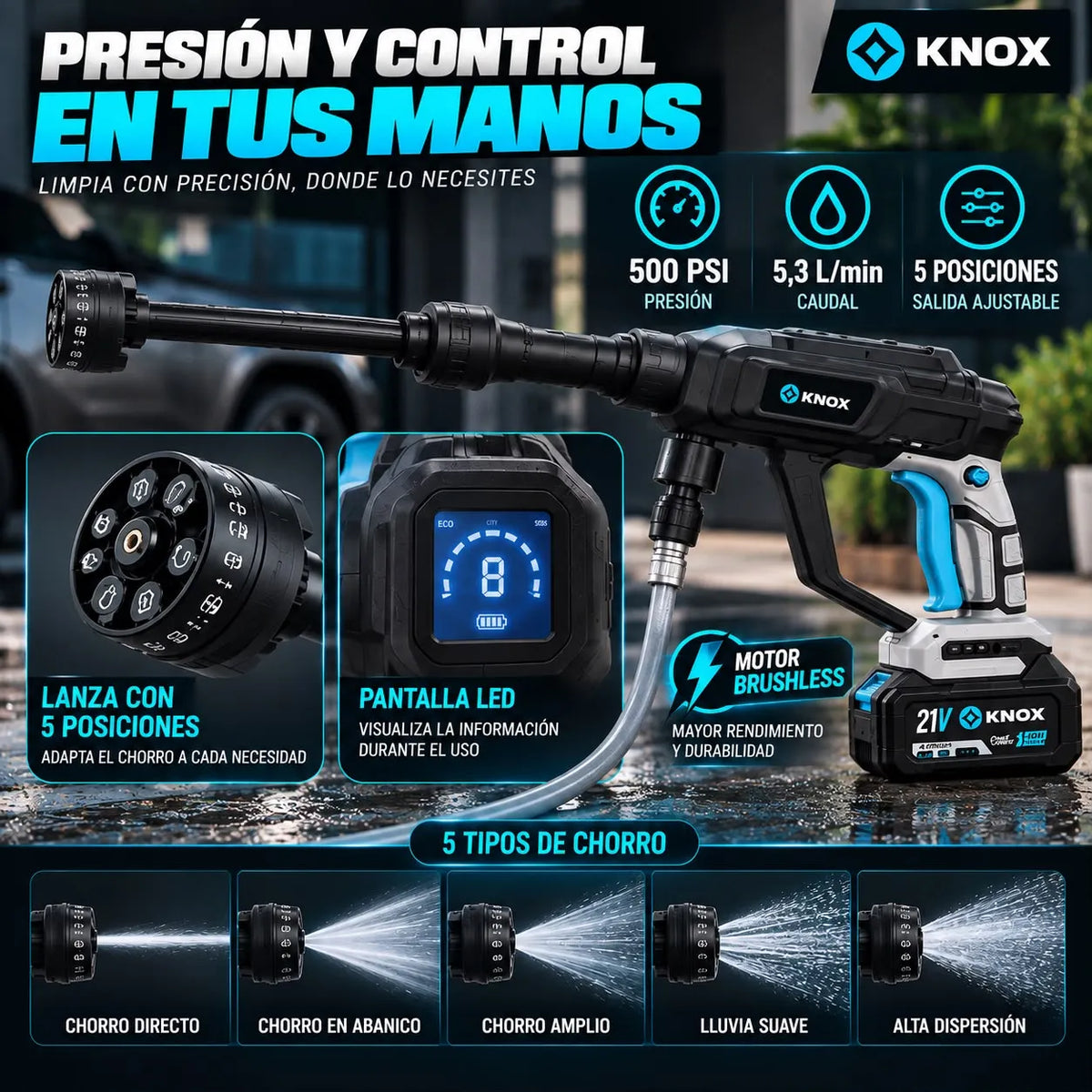 Hidrolavadora Inalámbrica KNOX 21V 500 PSI con 2 Baterías 4.0 Ah