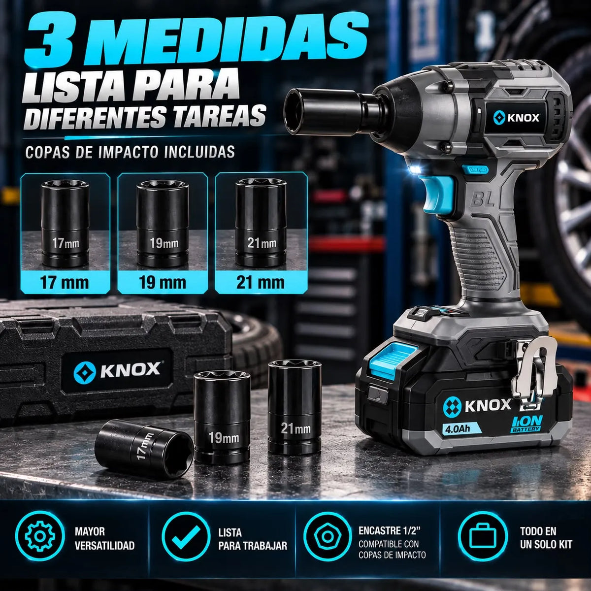 Llave de Impacto Inalámbrica KNOX 21V 350 Nm 1/2” con 2 Baterías