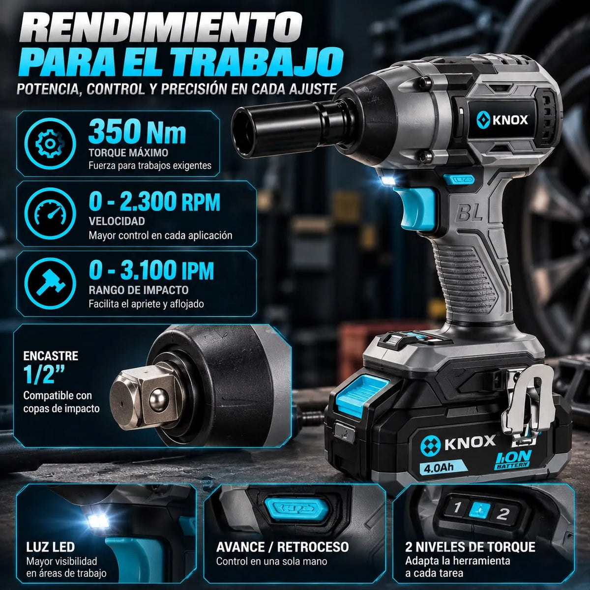 Llave de Impacto Inalámbrica KNOX 21V 350 Nm 1/2” con 2 Baterías