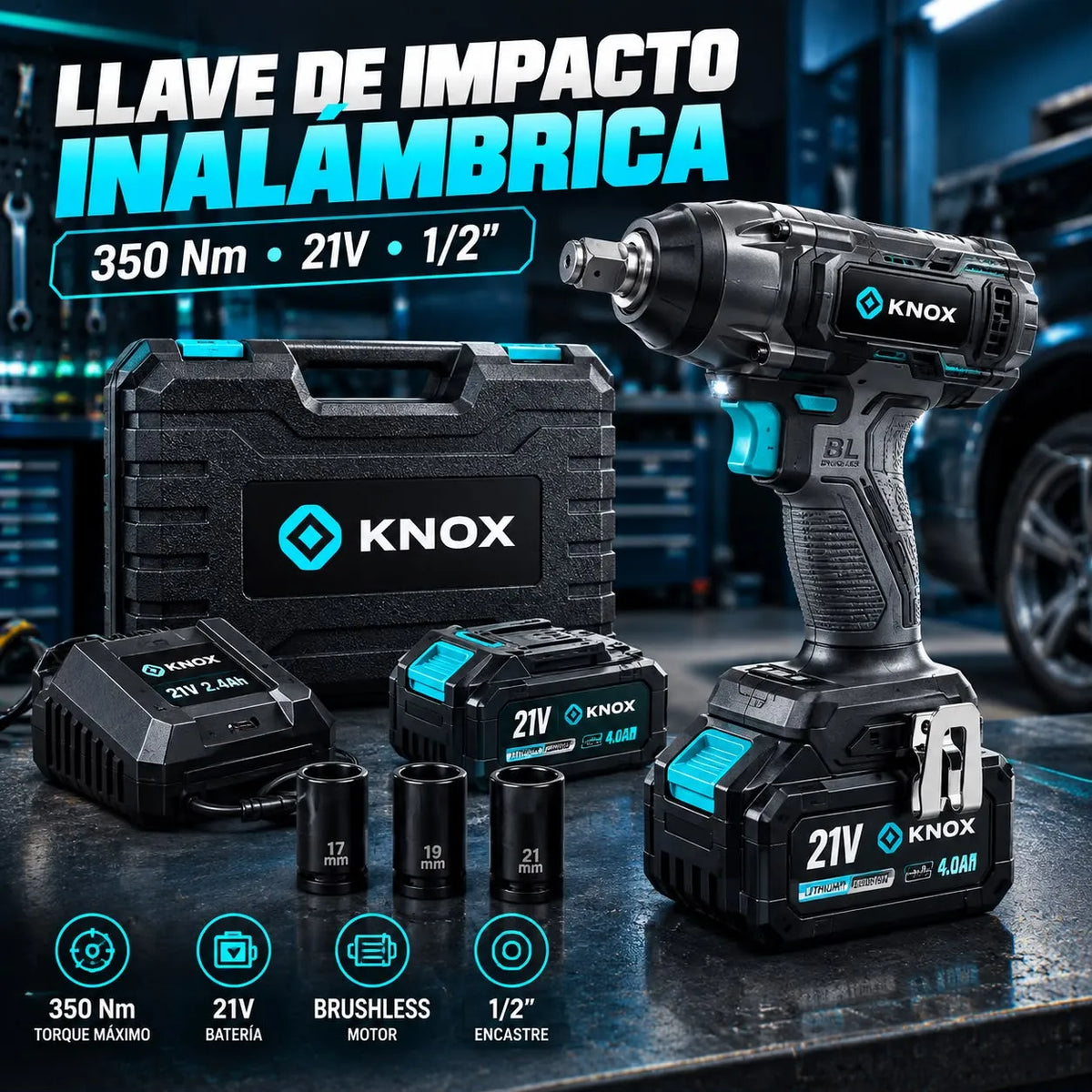 Llave de Impacto Inalámbrica KNOX 21V 350 Nm 1/2” con 2 Baterías