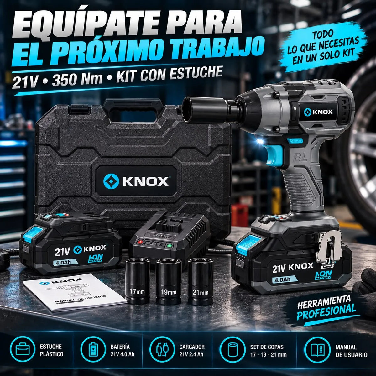Llave de Impacto Inalámbrica KNOX 21V 350 Nm 1/2” con 2 Baterías