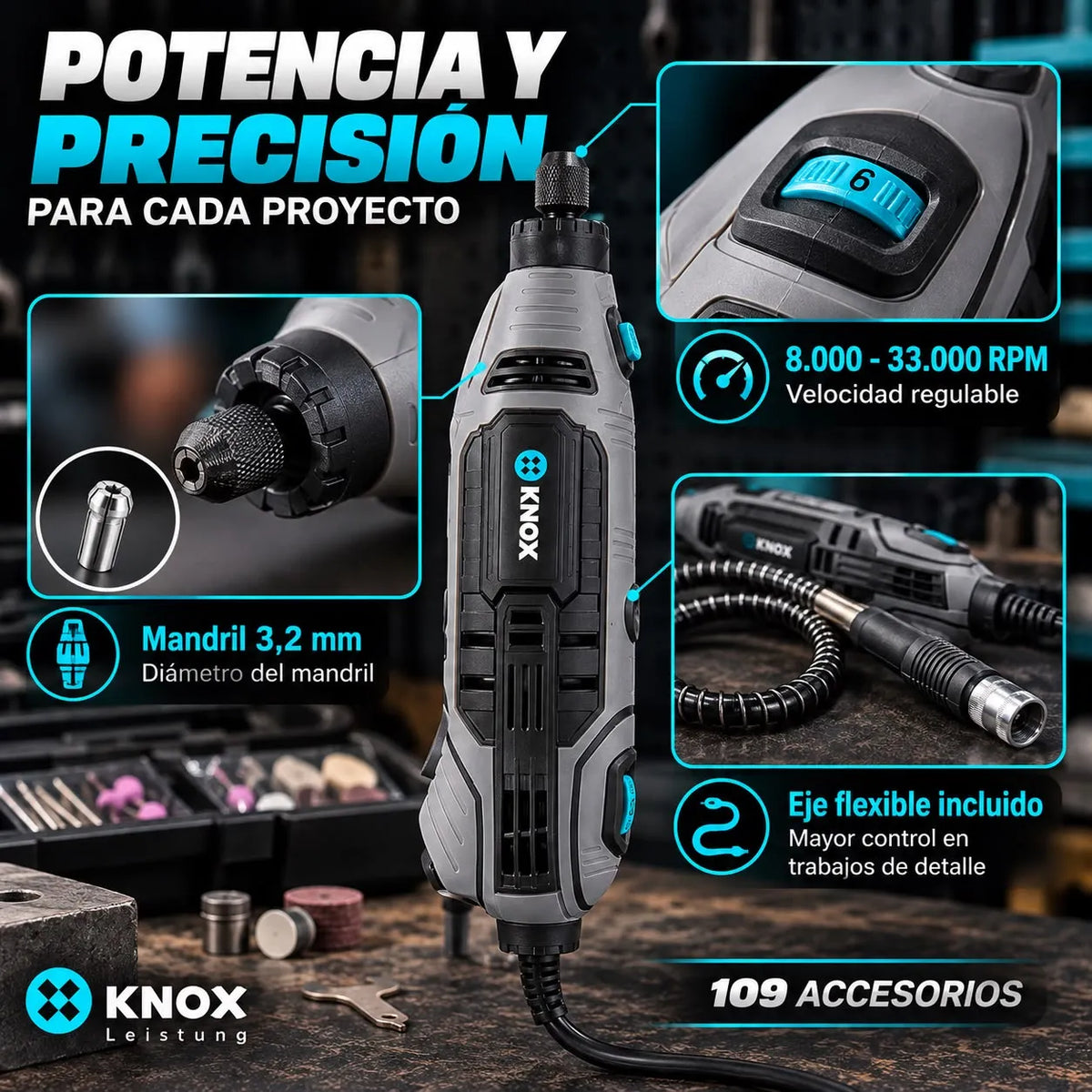 Mototool KNOX KPT501 180W con 109 Accesorios y Eje Flexible