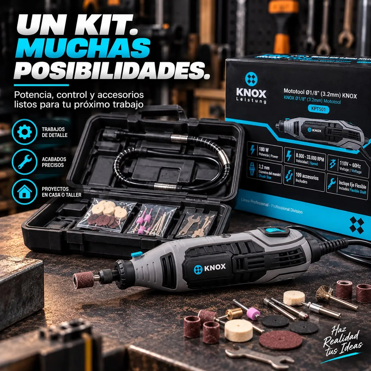 Mototool KNOX KPT501 180W con 109 Accesorios y Eje Flexible