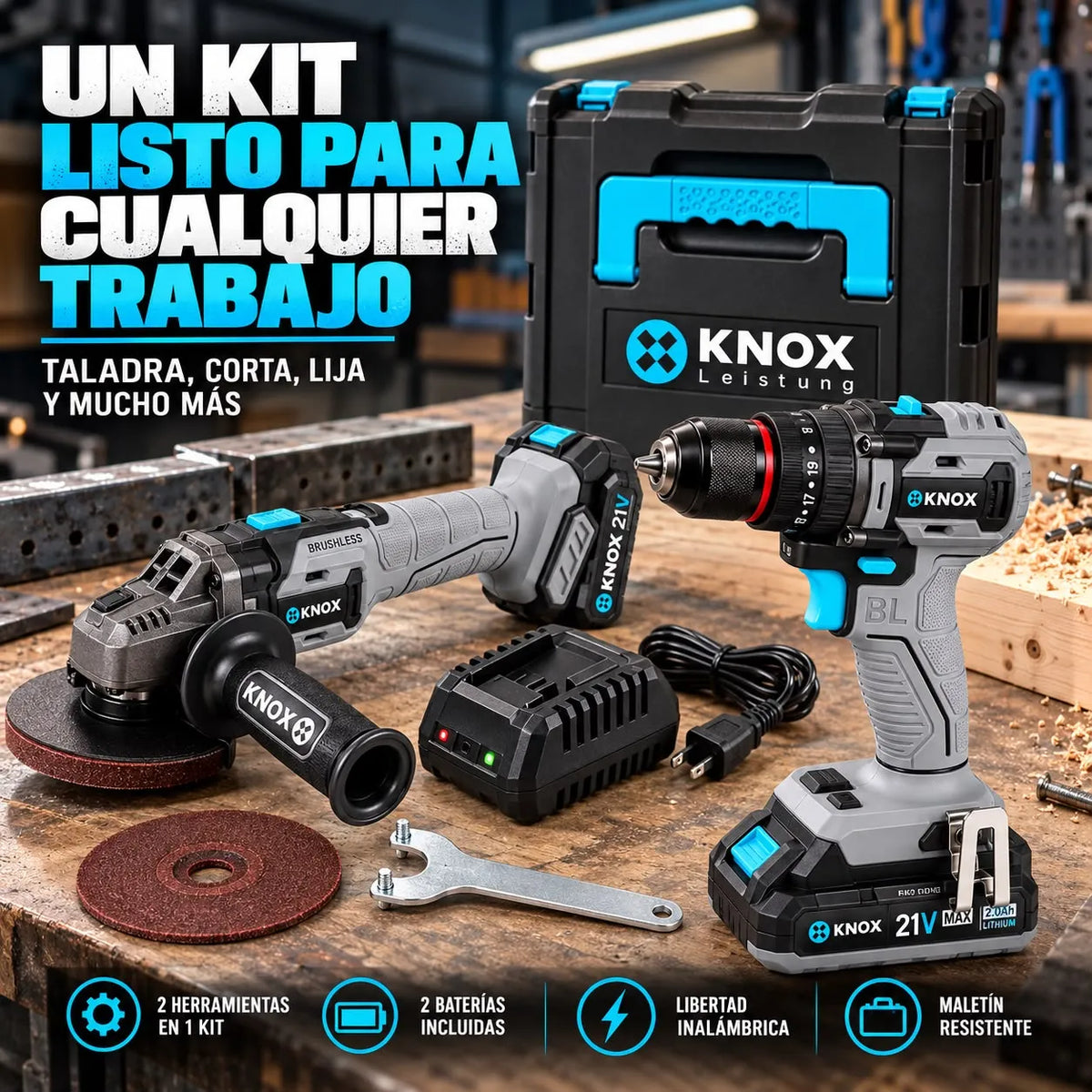 Combo KNOX 21V Taladro Percutor y Pulidora Brushless con 2 Baterías