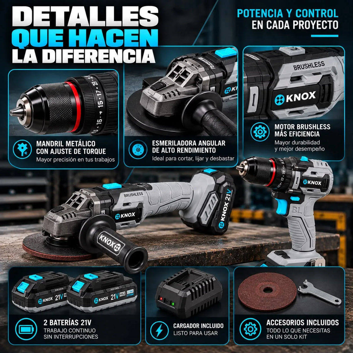 Combo KNOX 21V Taladro Percutor y Pulidora Brushless con 2 Baterías