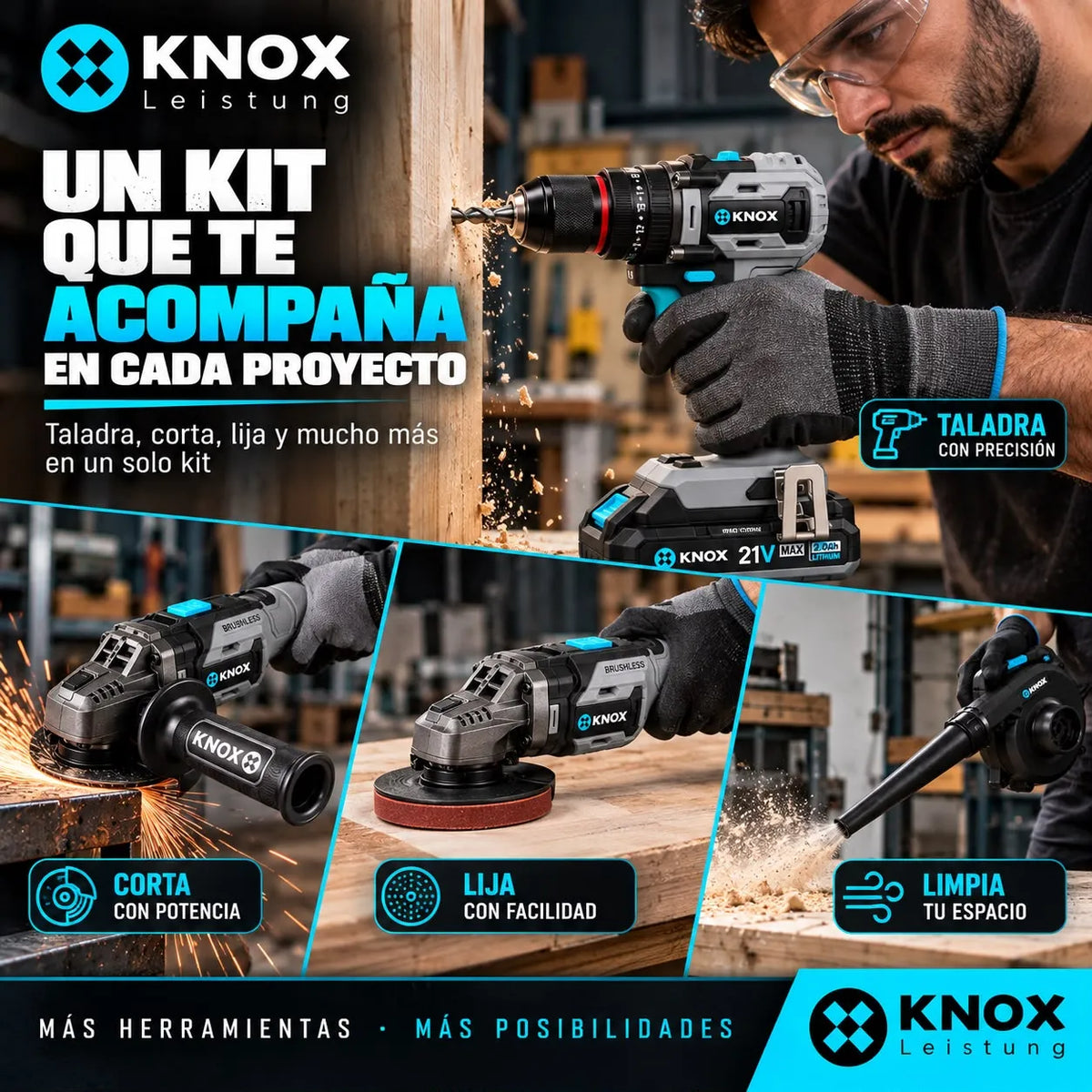 Combo KNOX 21V Taladro Percutor y Pulidora Brushless con 2 Baterías