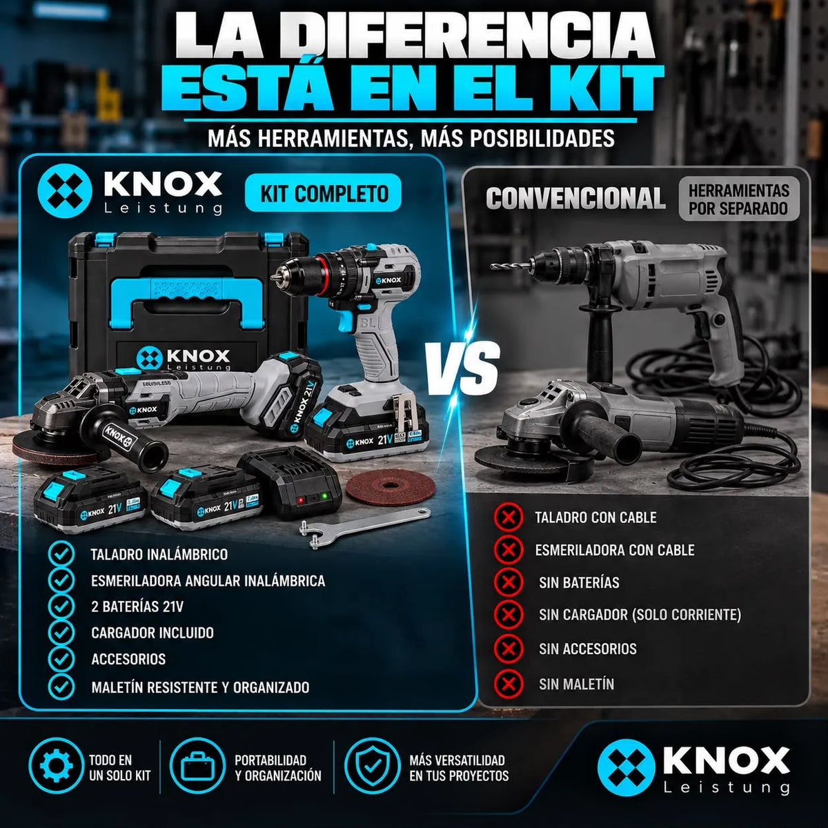 Combo KNOX 21V Taladro Percutor y Pulidora Brushless con 2 Baterías