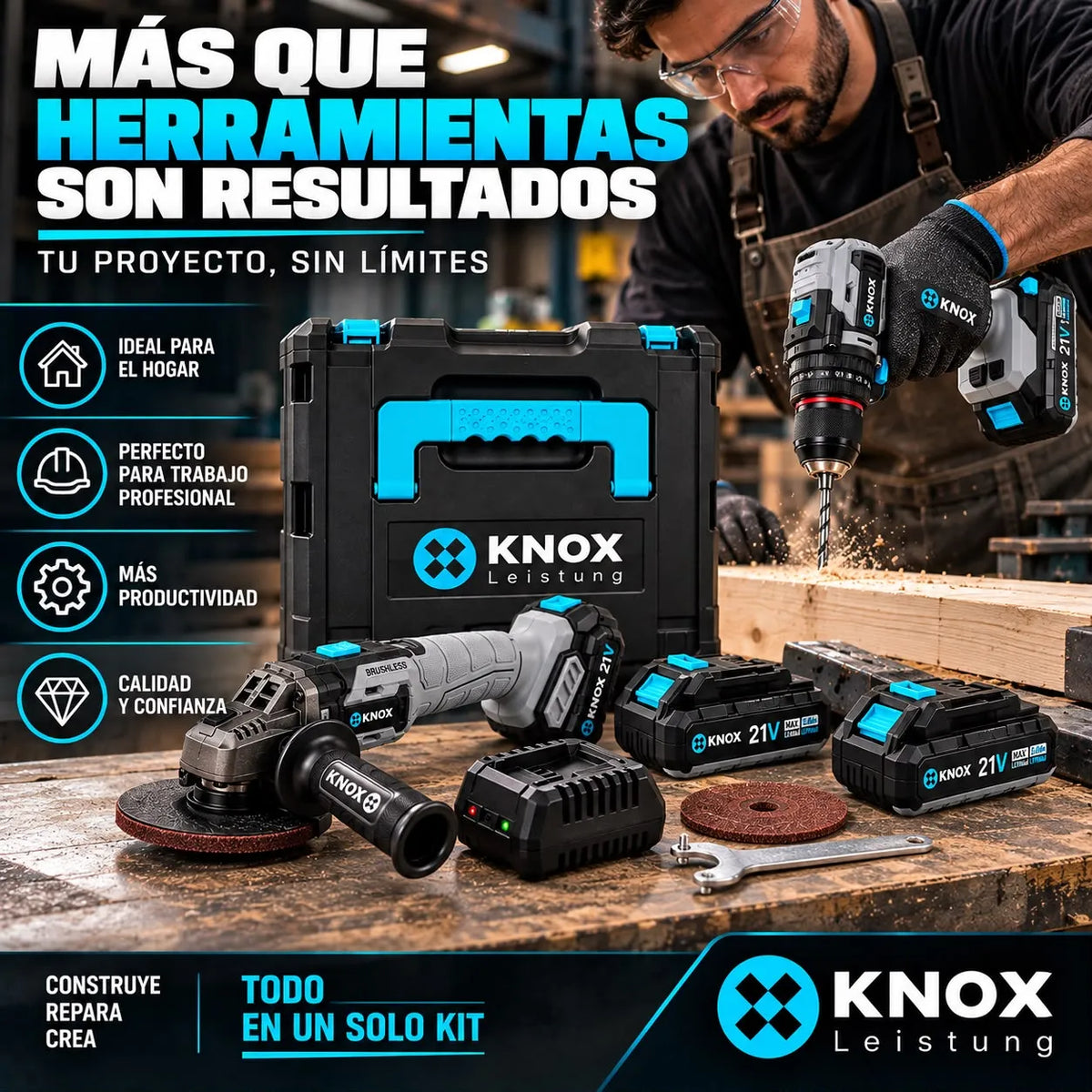 Combo KNOX 21V Taladro Percutor y Pulidora Brushless con 2 Baterías