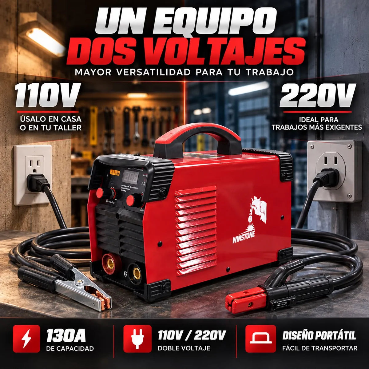 Soldador Inversor Winstone 130A Bivoltaje 110V/220V con Pinzas